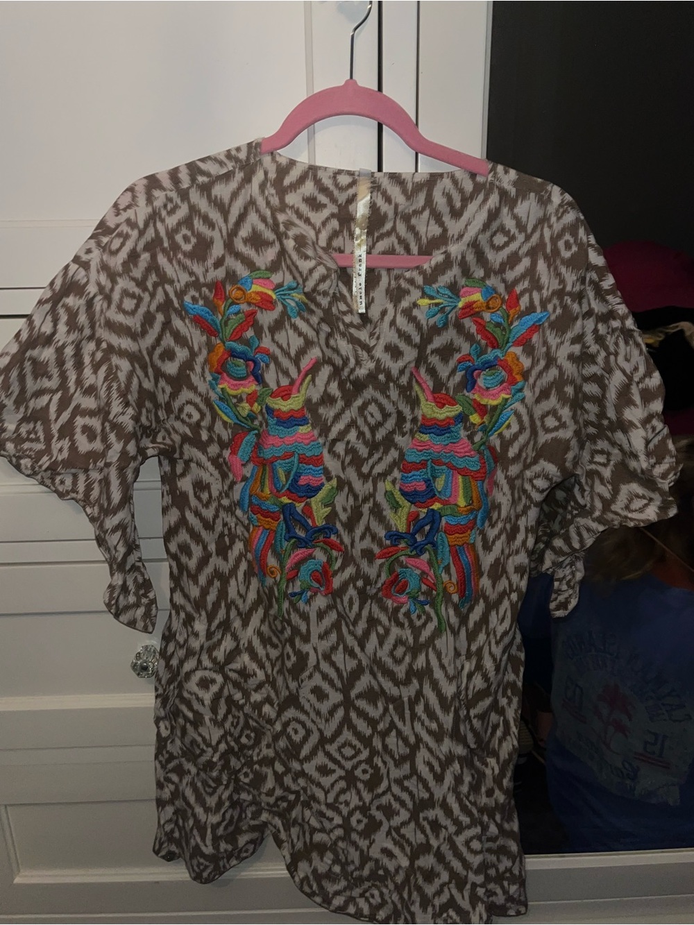 Uncle Frank Brown Ikat Midi Dress with Multicolor Embroidery